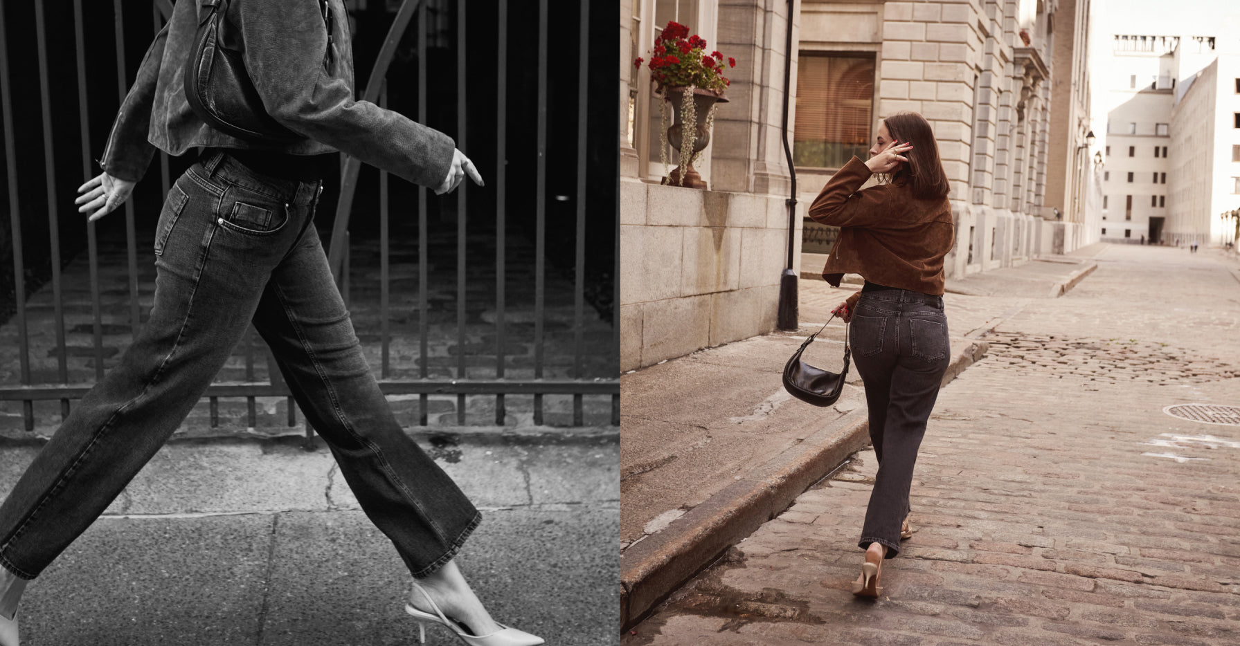 Two images of a person walking on a city street, one in black and white and the other in color.