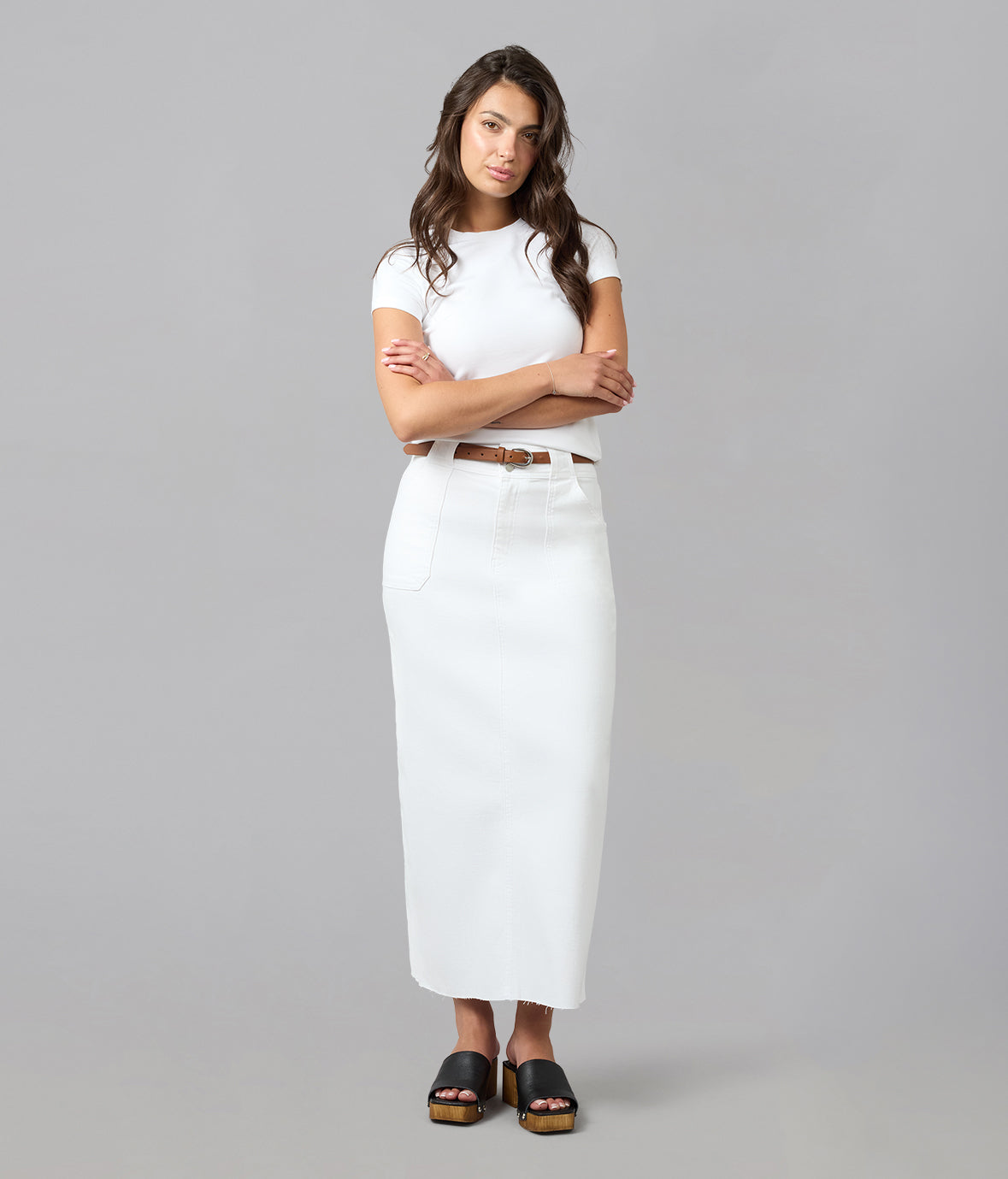 MADLYN-WHT High Rise Maxi Skirt